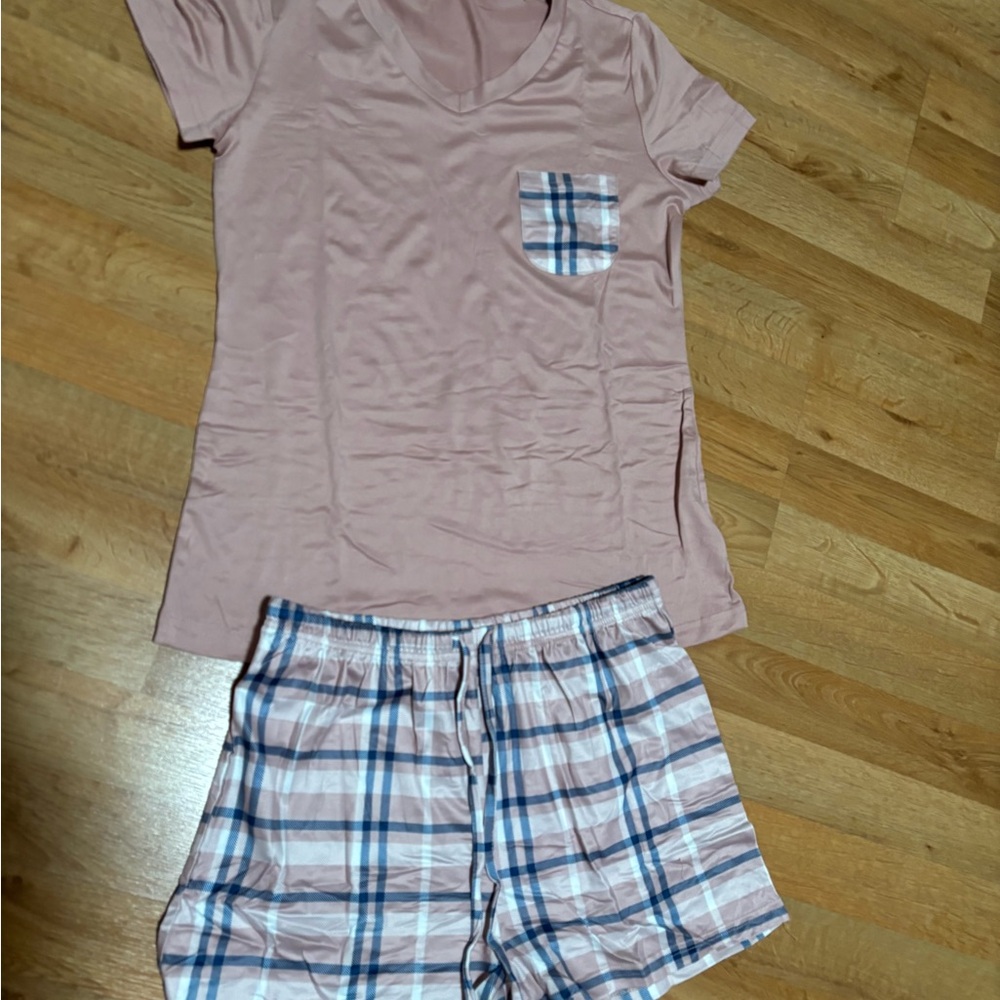 Women's Pink Plaid Pocket Short Pajama Set